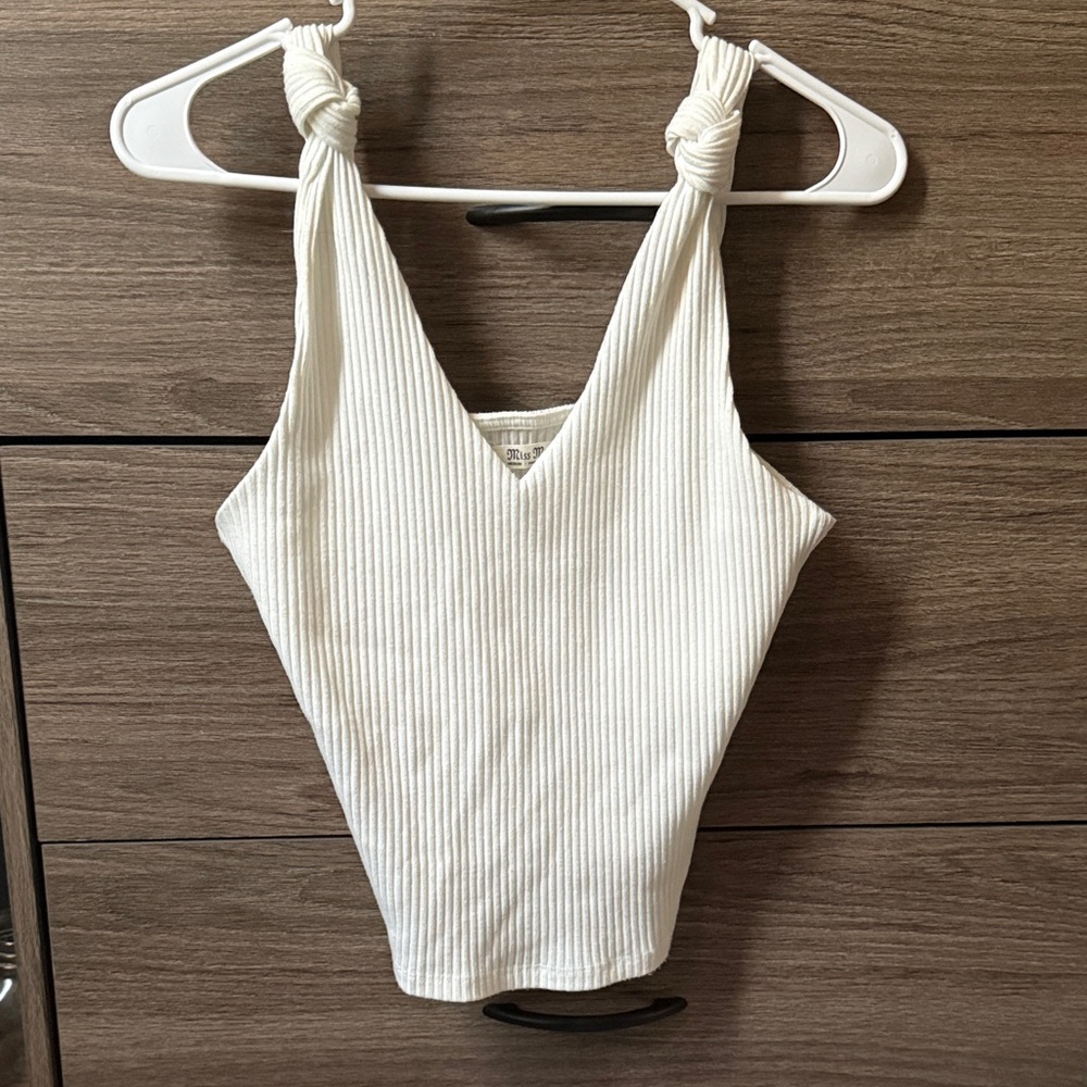 Miss Me Ivory Ribbed Crop Top with Knot Straps